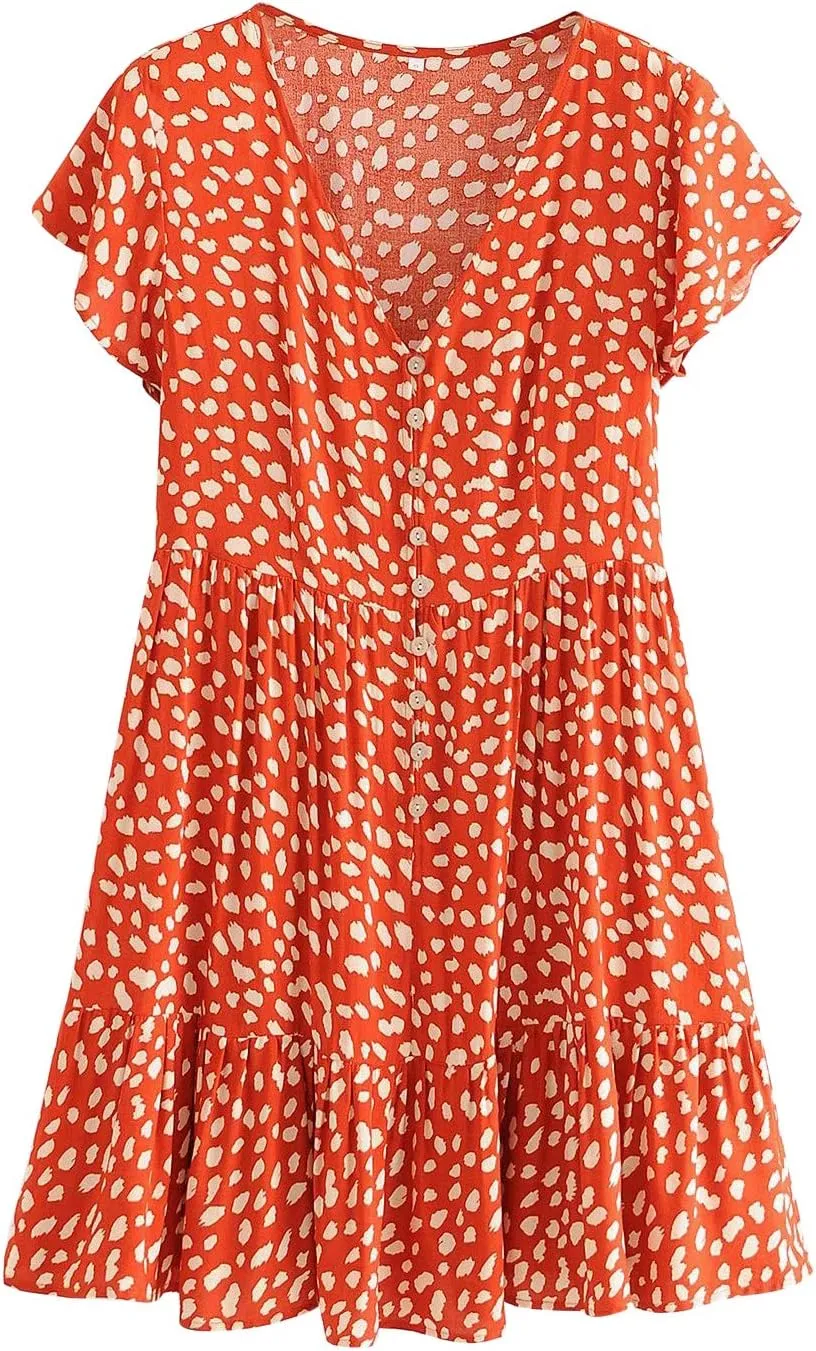 R.Vivimos Women's Short Sleeve Floral Print V Neck Cotton Tunic Dress