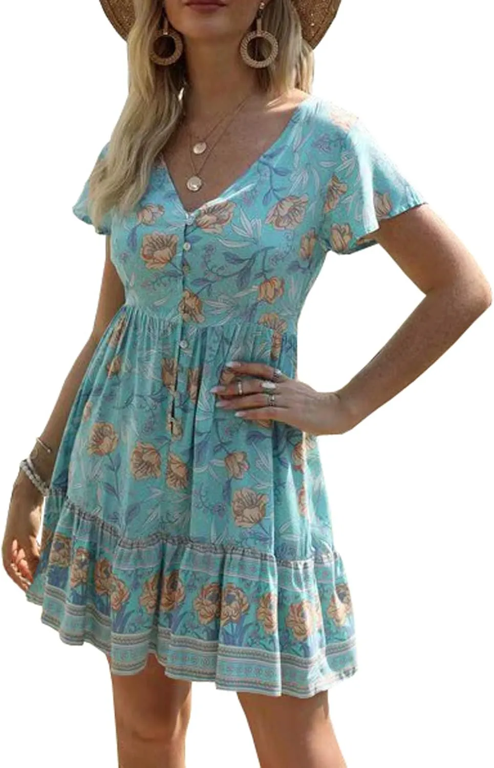 R.Vivimos Women's Short Sleeve Floral Print V Neck Cotton Tunic Dress