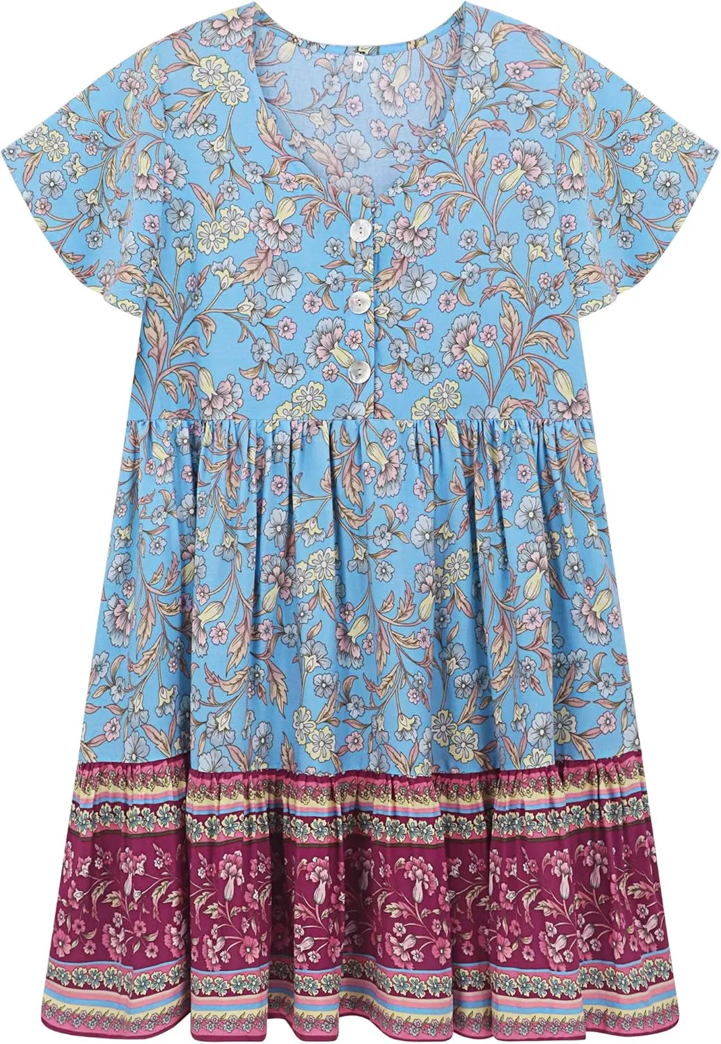 R.Vivimos Women's Short Sleeve Floral Print V Neck Cotton Tunic Dress