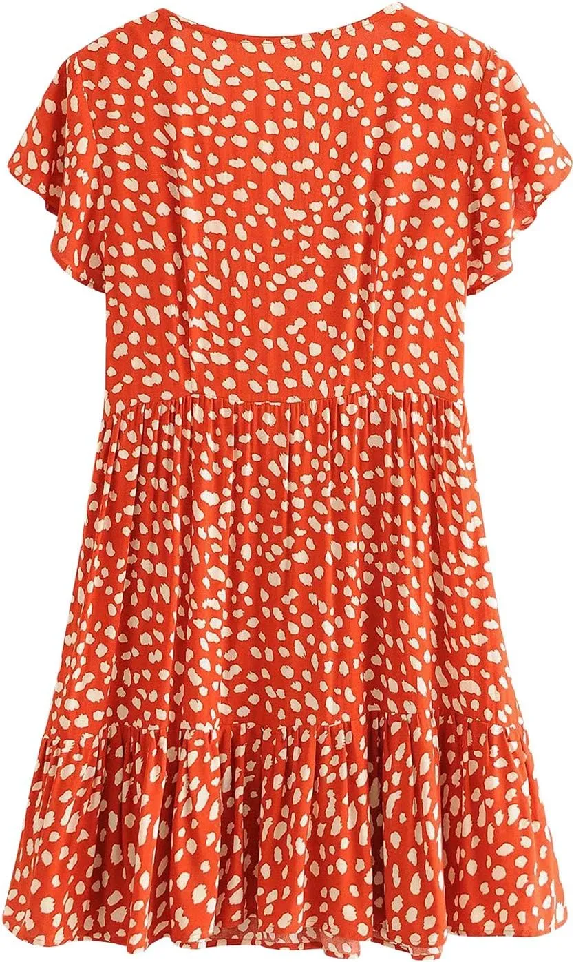 R.Vivimos Women's Short Sleeve Floral Print V Neck Cotton Tunic Dress