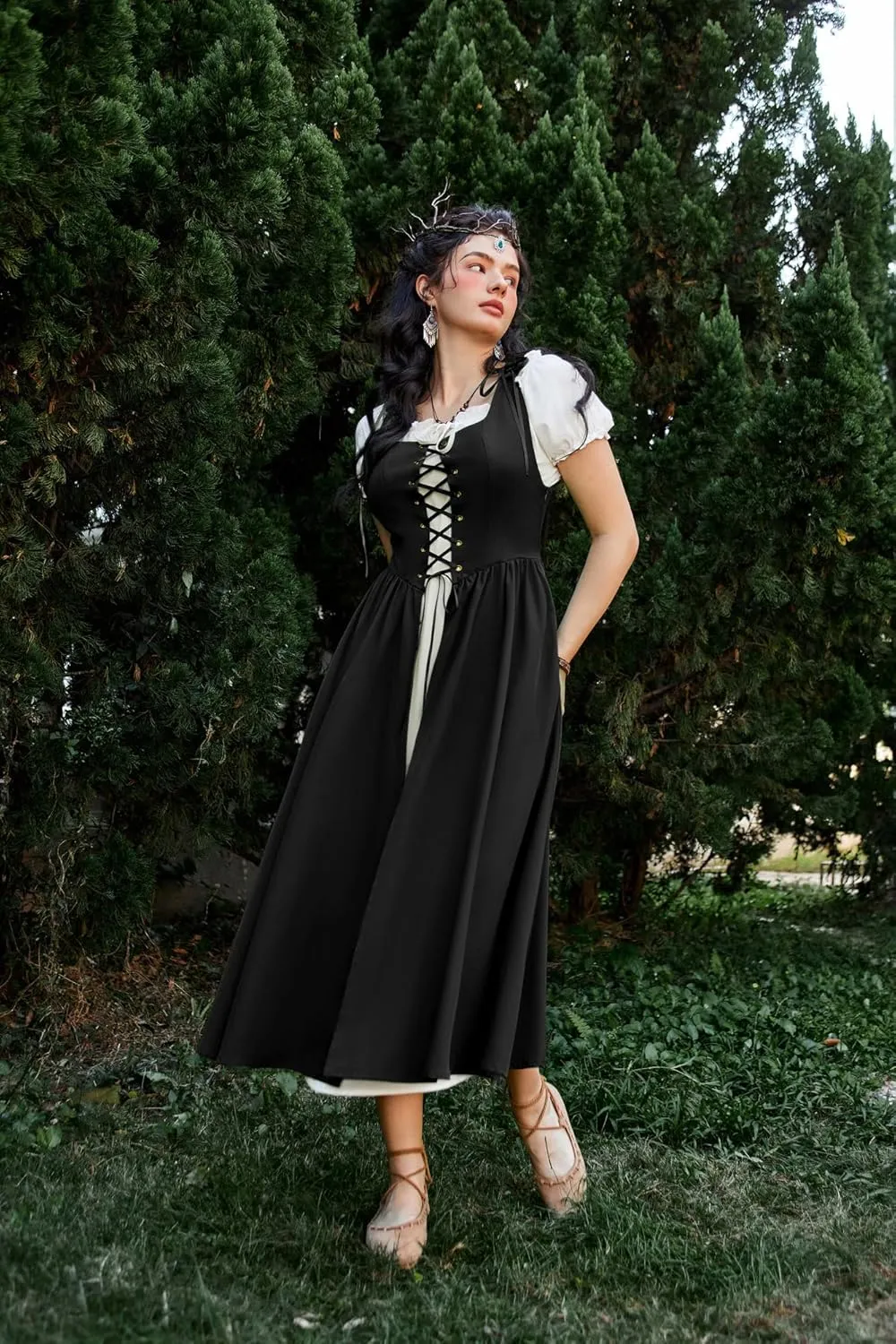 Scarlet Darkness Women Renaissance Dress Peasant Medieval Dress Short Sleeve Maxi Dress