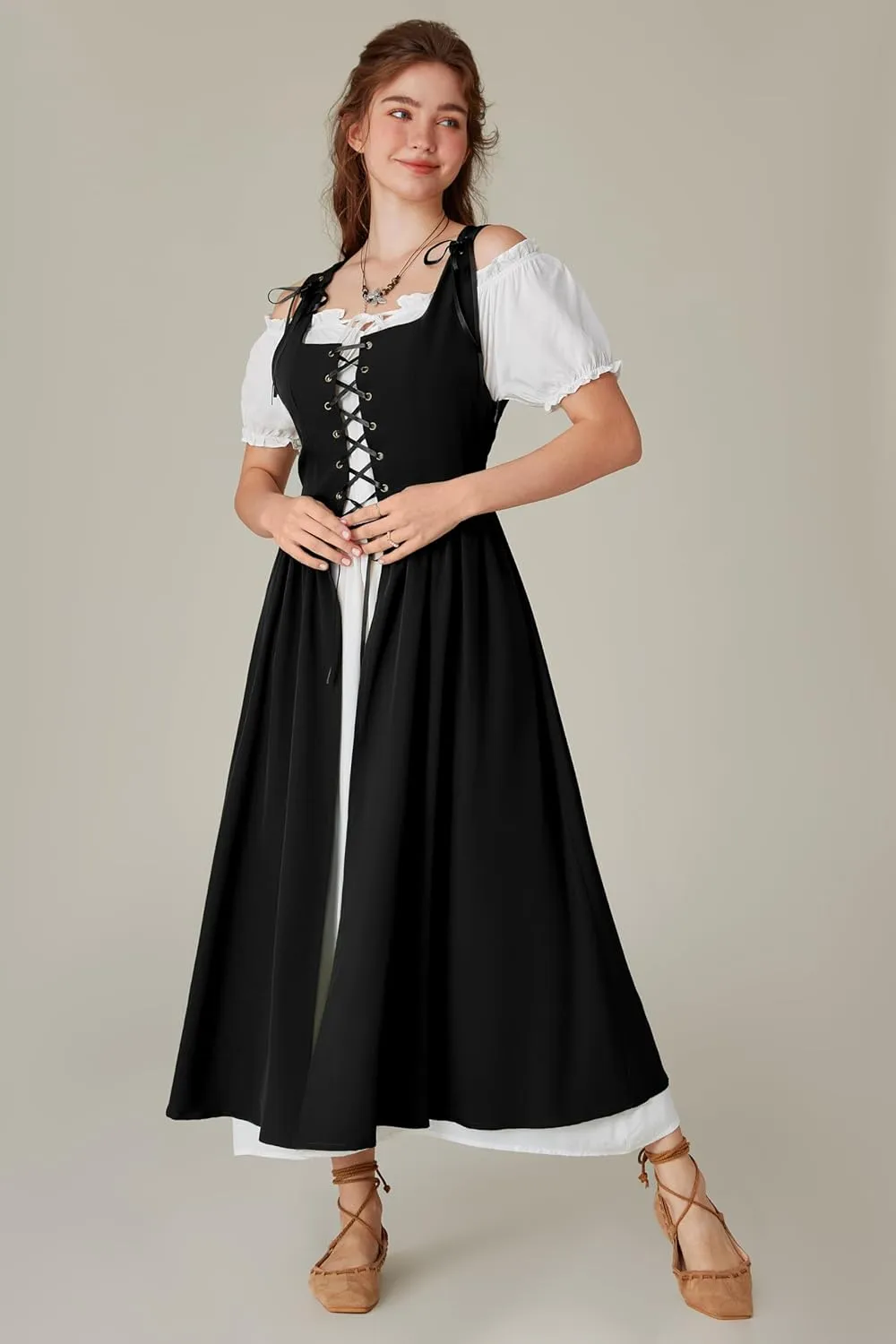 Scarlet Darkness Women Renaissance Dress Peasant Medieval Dress Short Sleeve Maxi Dress