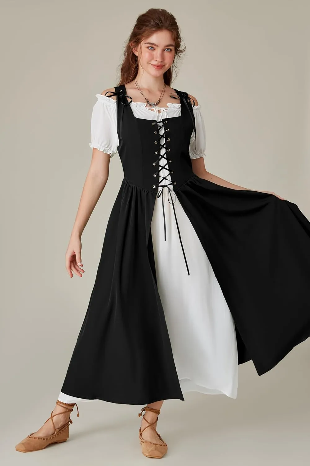 Scarlet Darkness Women Renaissance Dress Peasant Medieval Dress Short Sleeve Maxi Dress