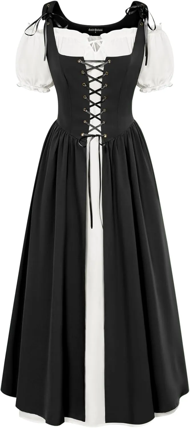 Scarlet Darkness Women Renaissance Dress Peasant Medieval Dress Short Sleeve Maxi Dress