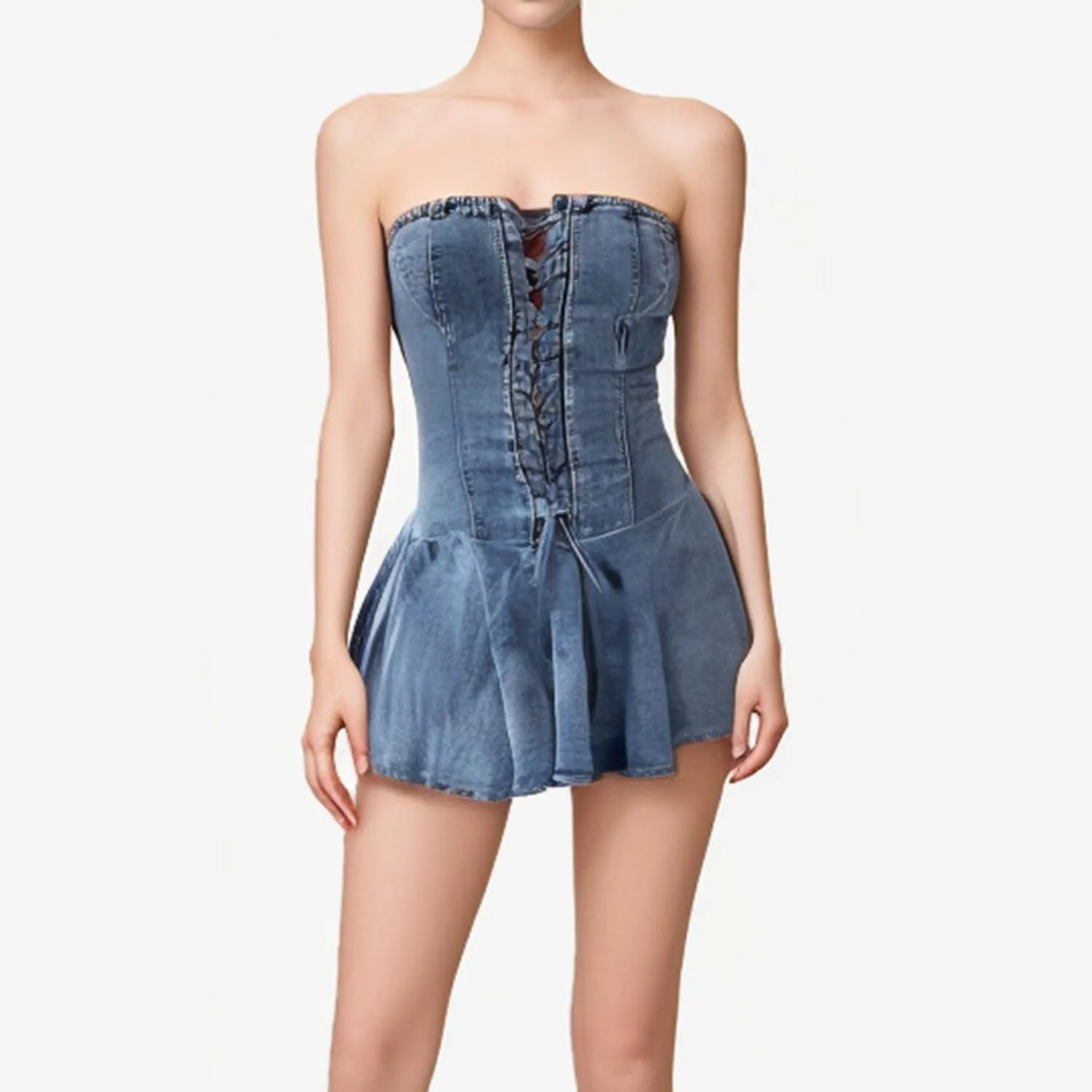 Sexy Tube Denim Dress Corset Strapless Ruffled Hem Jean Mini Dress
