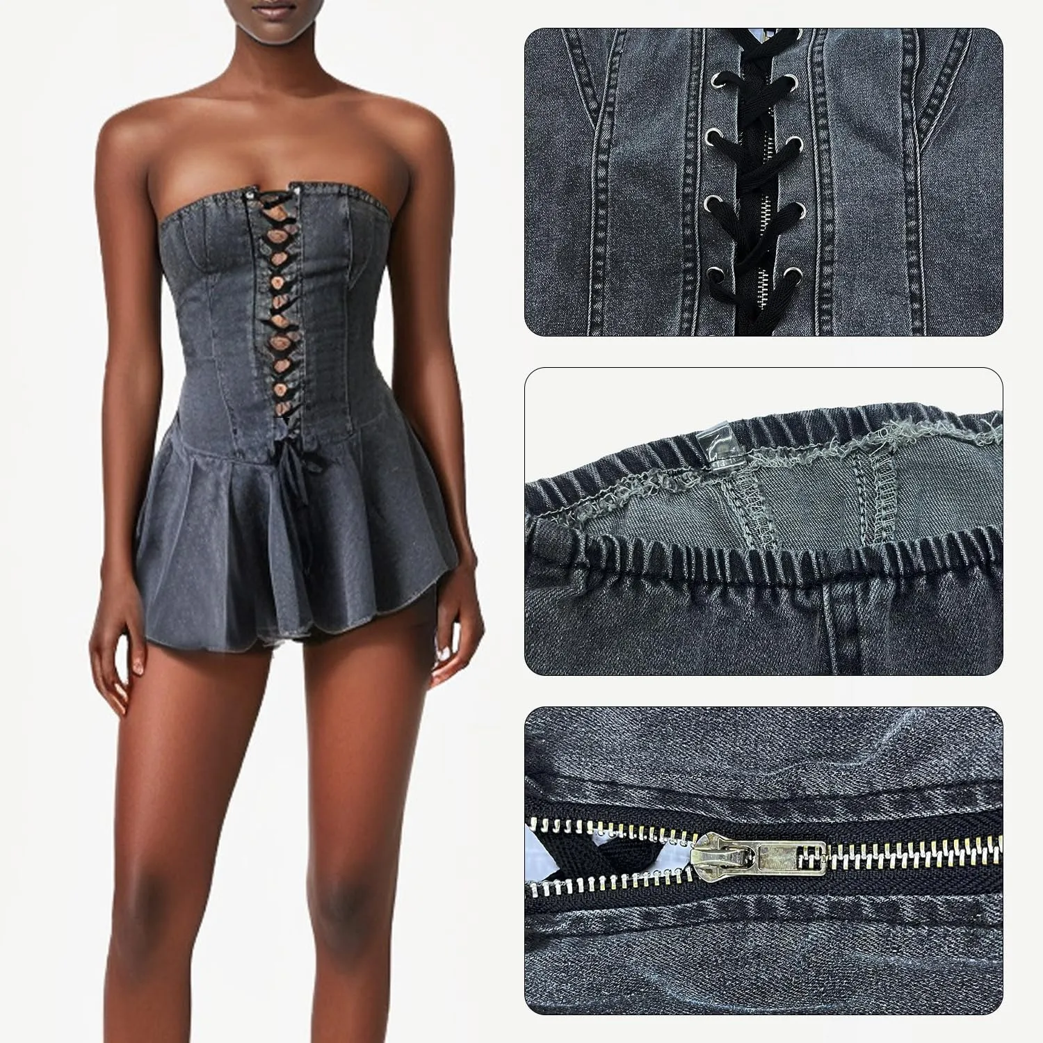Sexy Tube Denim Dress Corset Strapless Ruffled Hem Jean Mini Dress