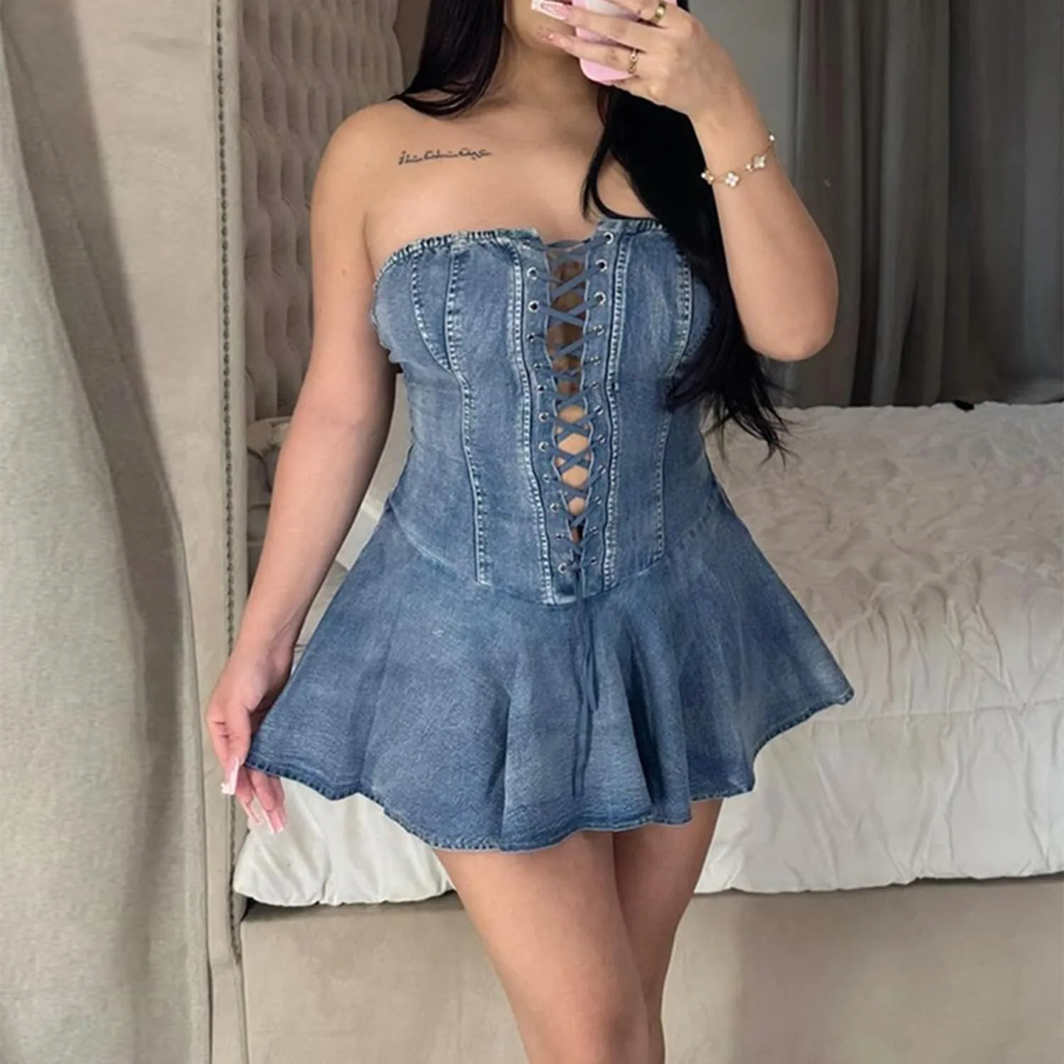 Sexy Tube Denim Dress Corset Strapless Ruffled Hem Jean Mini Dress