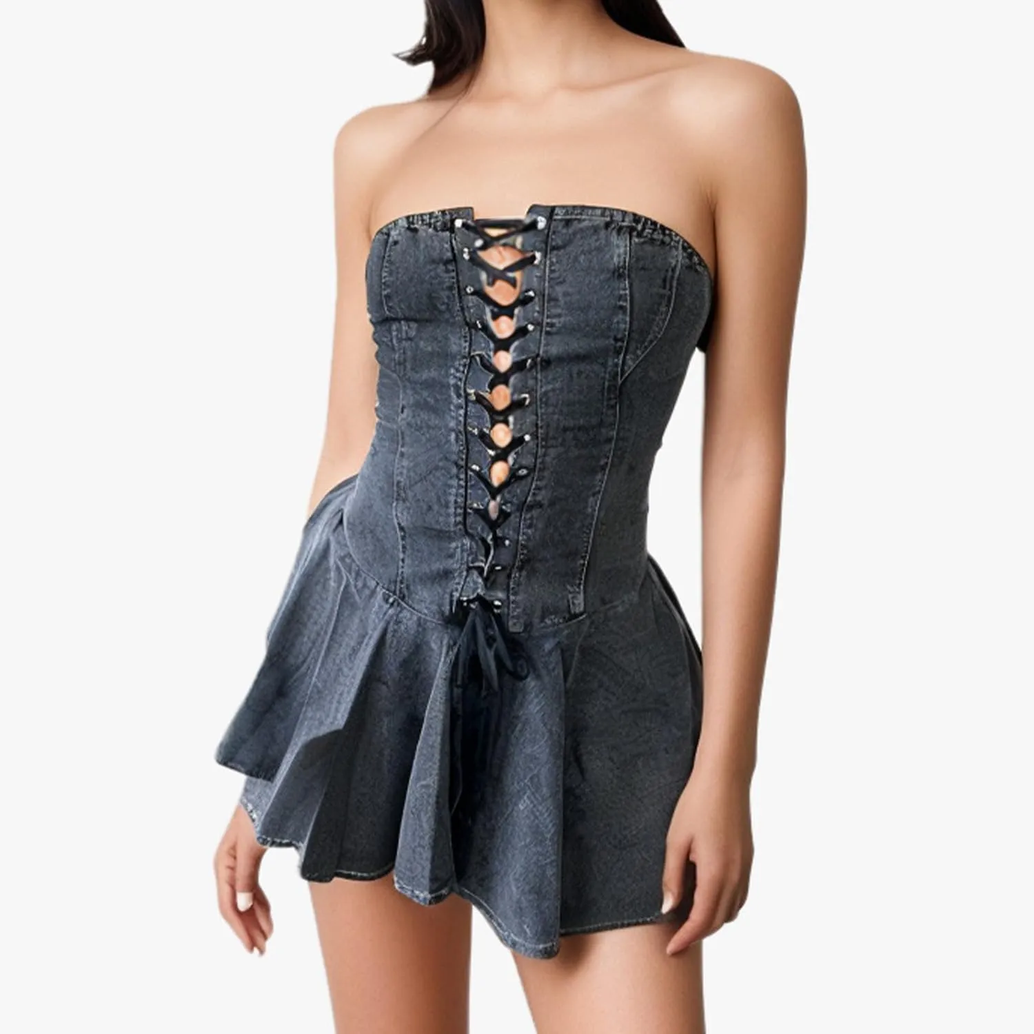 Sexy Tube Denim Dress Corset Strapless Ruffled Hem Jean Mini Dress
