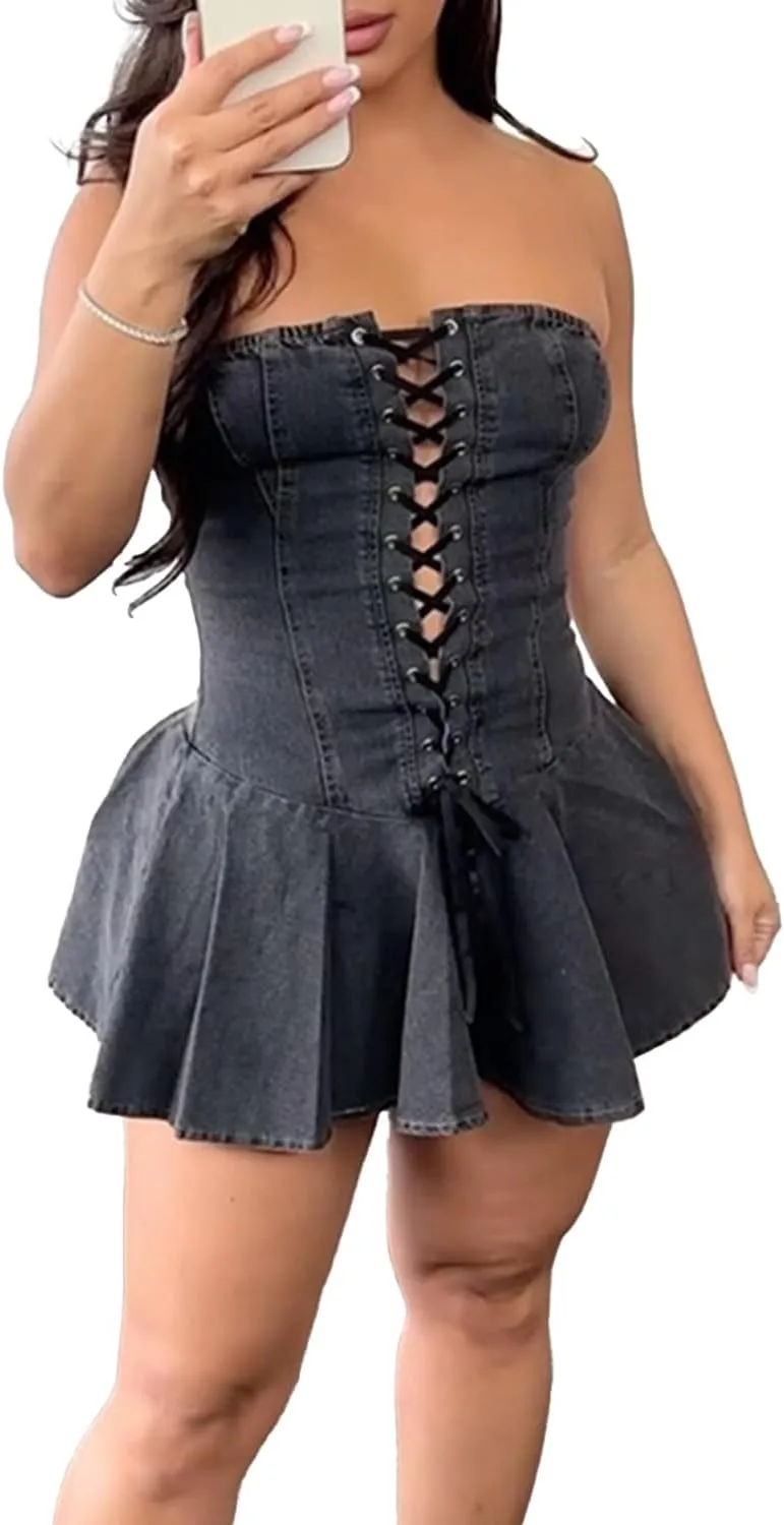 Sexy Tube Denim Dress Corset Strapless Ruffled Hem Jean Mini Dress