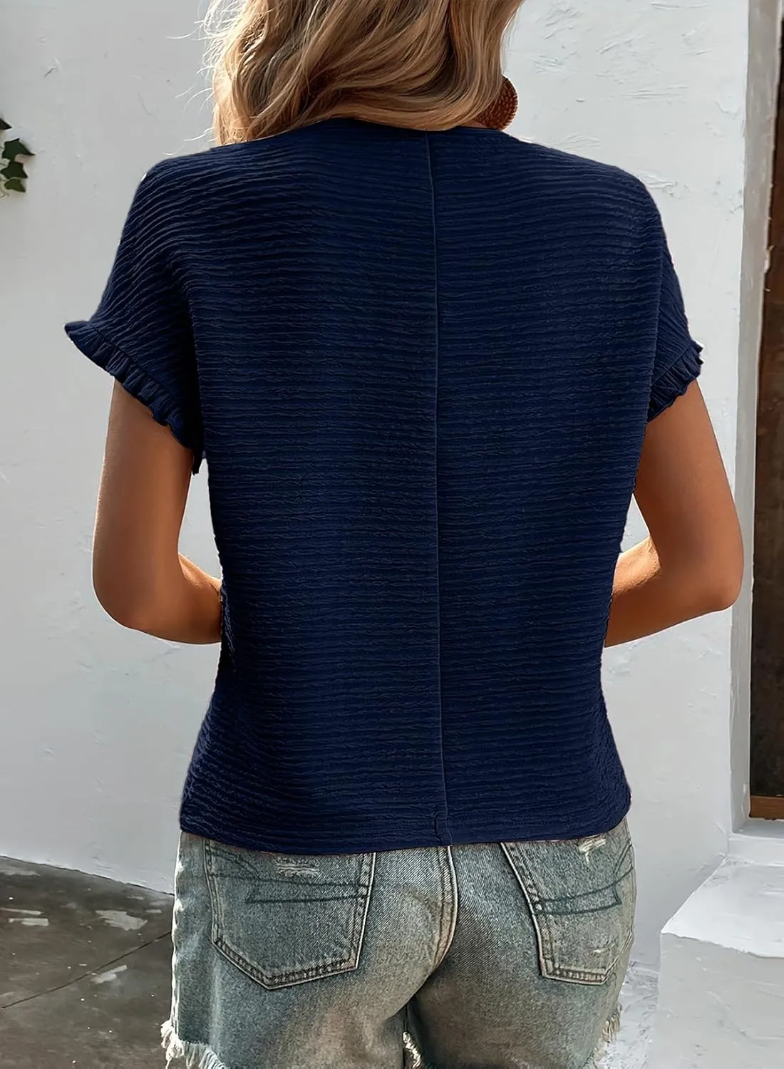 SHEWIN Womens Summer Tops Crewneck Short Sleeve T Shirts Casual Textured Work Shirt Loose Blouses