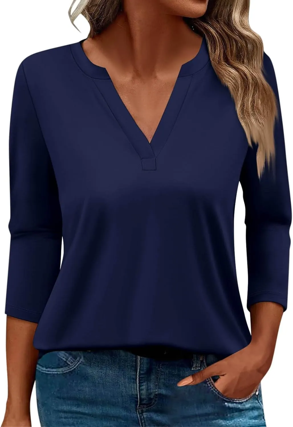 Shirts for Women Trendy 3/4 Length Sleeve V Neck Tops Fall Loose Casual Printed Vacation Blouses Dressy Basic Tees