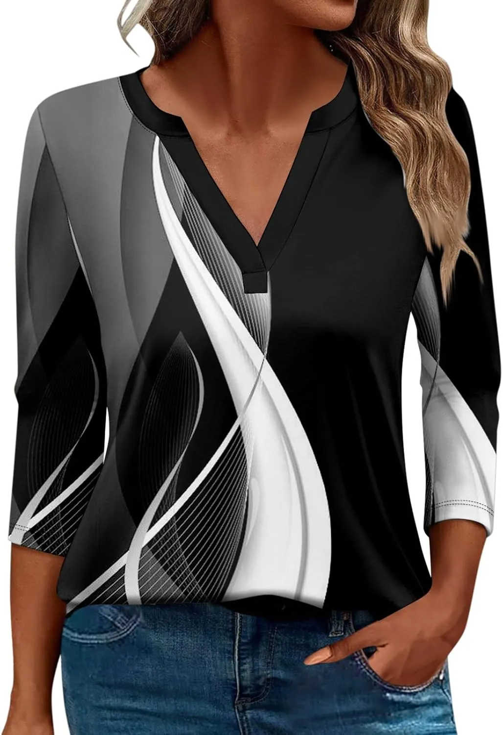 Shirts for Women Trendy 3/4 Length Sleeve V Neck Tops Fall Loose Casual Printed Vacation Blouses Dressy Basic Tees