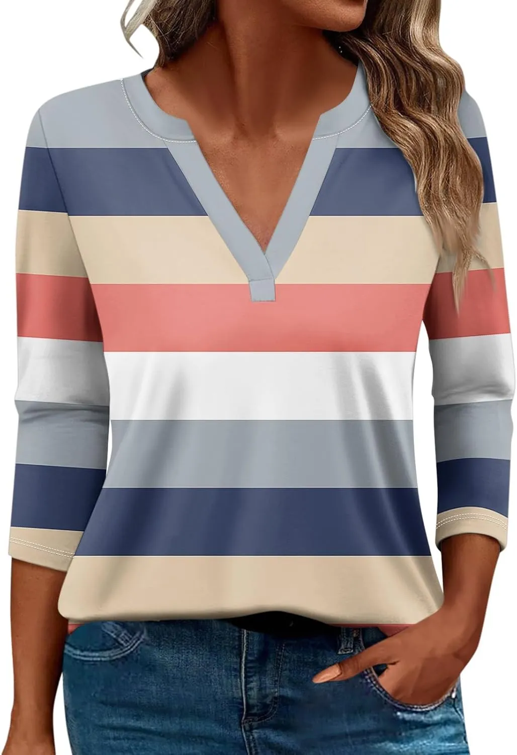 Shirts for Women Trendy 3/4 Length Sleeve V Neck Tops Fall Loose Casual Printed Vacation Blouses Dressy Basic Tees