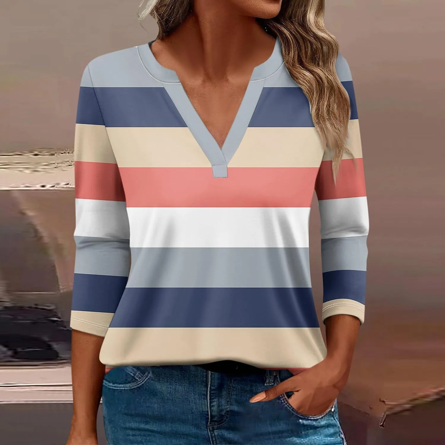 Shirts for Women Trendy 3/4 Length Sleeve V Neck Tops Fall Loose Casual Printed Vacation Blouses Dressy Basic Tees