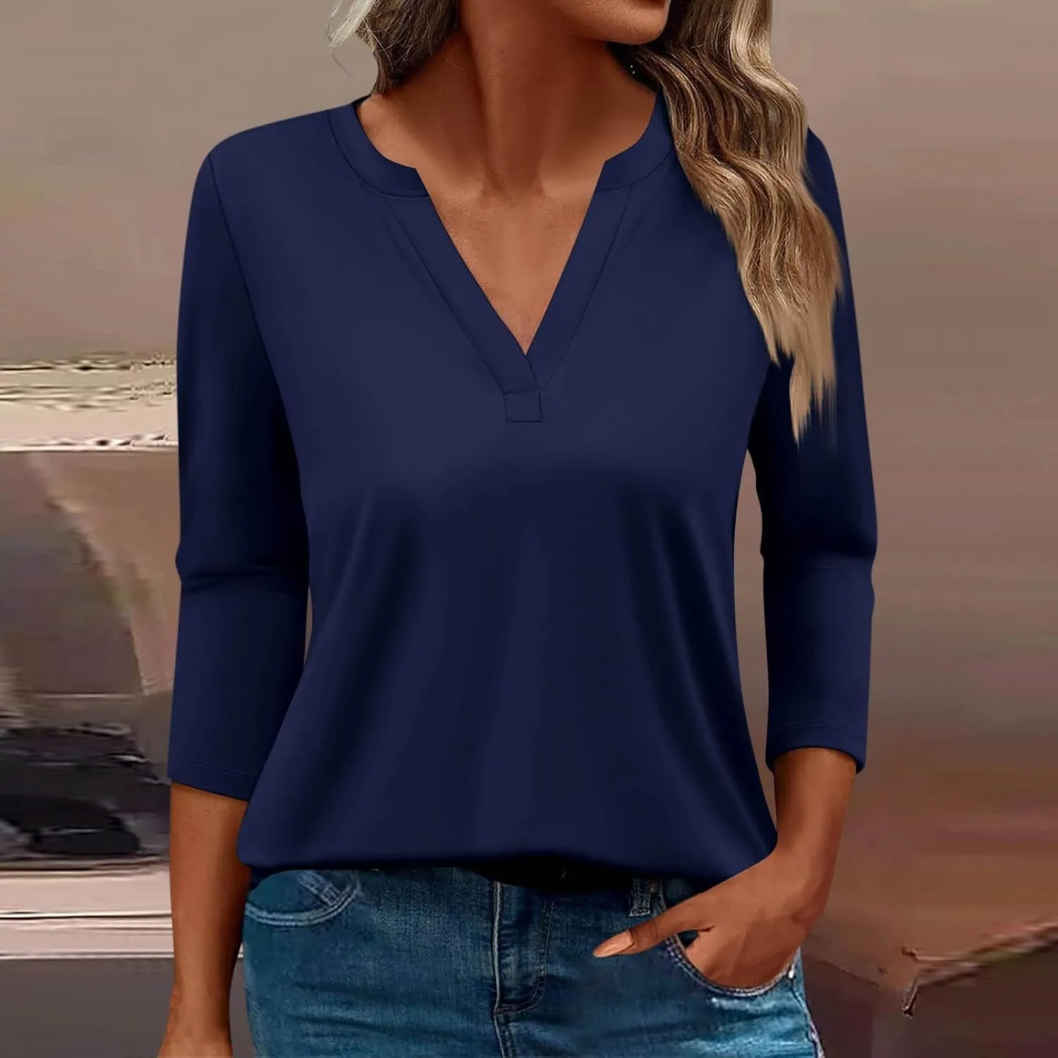 Shirts for Women Trendy 3/4 Length Sleeve V Neck Tops Fall Loose Casual Printed Vacation Blouses Dressy Basic Tees