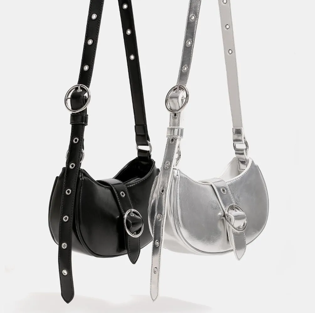 Silver Crossbody Purse Y2K Metallic Shoulder Bags for Women Leather Punk Saddle Hobo Purses