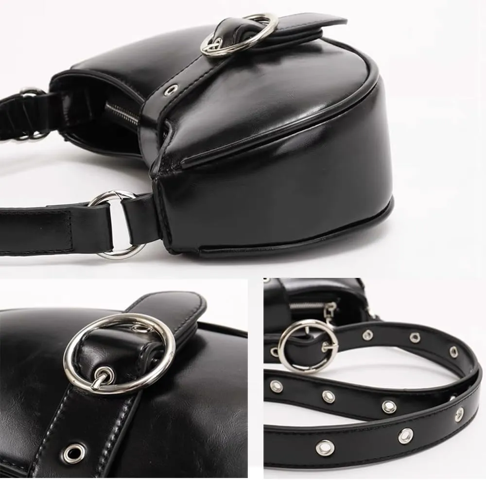 Silver Crossbody Purse Y2K Metallic Shoulder Bags for Women Leather Punk Saddle Hobo Purses