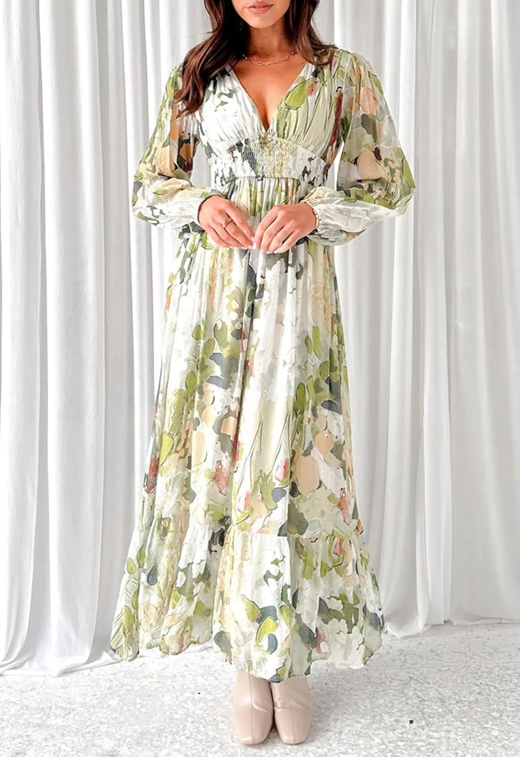 Sissyaki Women's Long Sleeve Boho Floral Maxi Dress Summer Fall Wedding Guest Dress