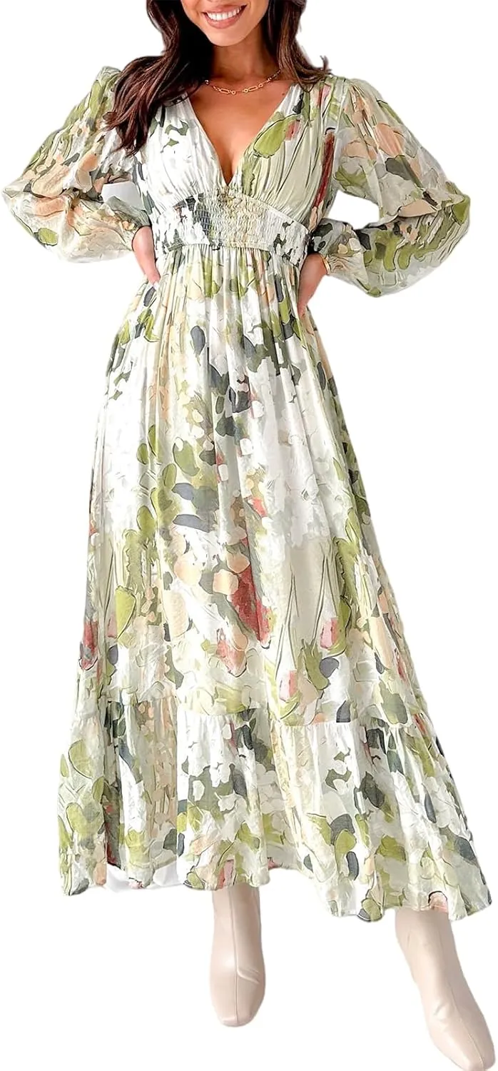 Sissyaki Women's Long Sleeve Boho Floral Maxi Dress Summer Fall Wedding Guest Dress