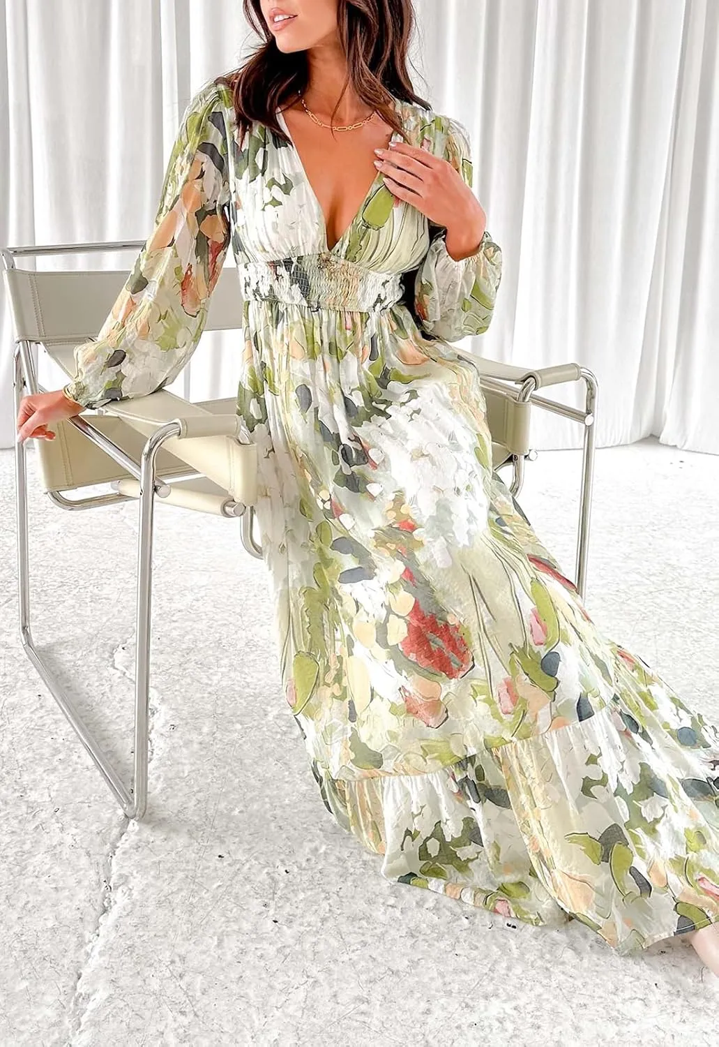 Sissyaki Women's Long Sleeve Boho Floral Maxi Dress Summer Fall Wedding Guest Dress