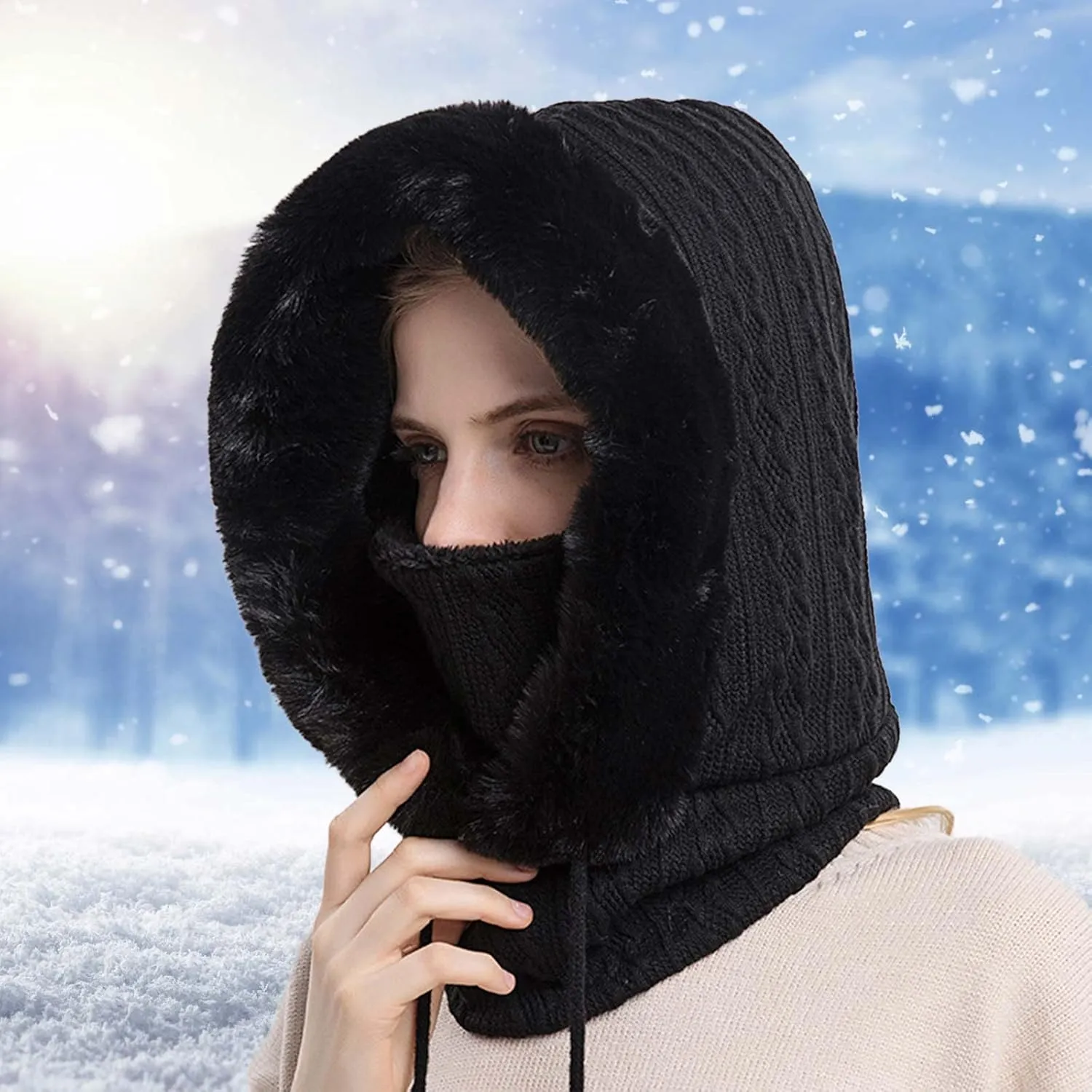 Ski Hat for Men Women, Winter Soft Warm Ski Cap Windproof, Full Head Cover Scarf Neck for Cold Weather