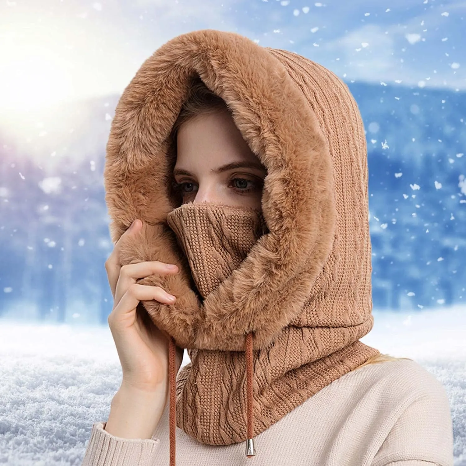 Ski Hat for Men Women, Winter Soft Warm Ski Cap Windproof, Full Head Cover Scarf Neck for Cold Weather