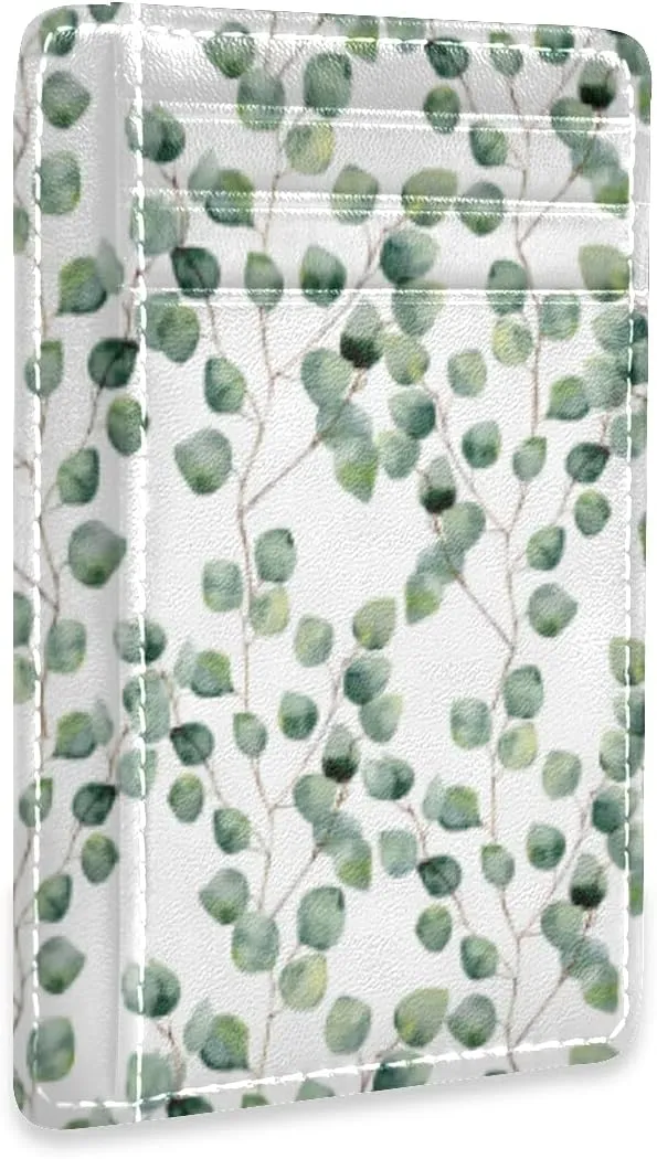 Slim Minimalist Wallets Rfid Blocking Card Wallets PU Leather Front Pocket Wallets for Men and Women (Fresh Green Plant Eucalyptus Leaves)