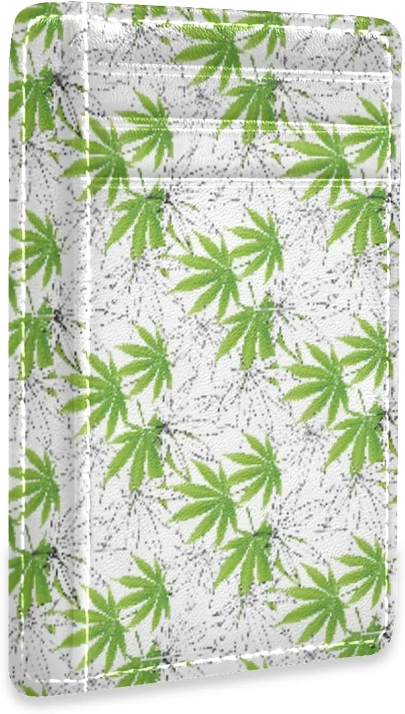 Slim Minimalist Wallets Rfid Blocking Card Wallets PU Leather Front Pocket Wallets for Men and Women (Marijuana Weed Hemp Green Leaf)