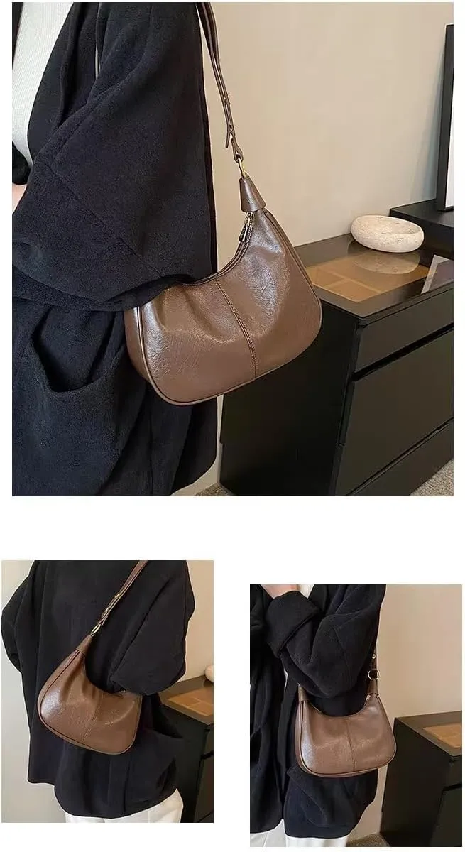 Small Hobo Bags for Women Leather Shoulder Bag Retro Crescent Crossbody Bags Trendy Purses Zipper