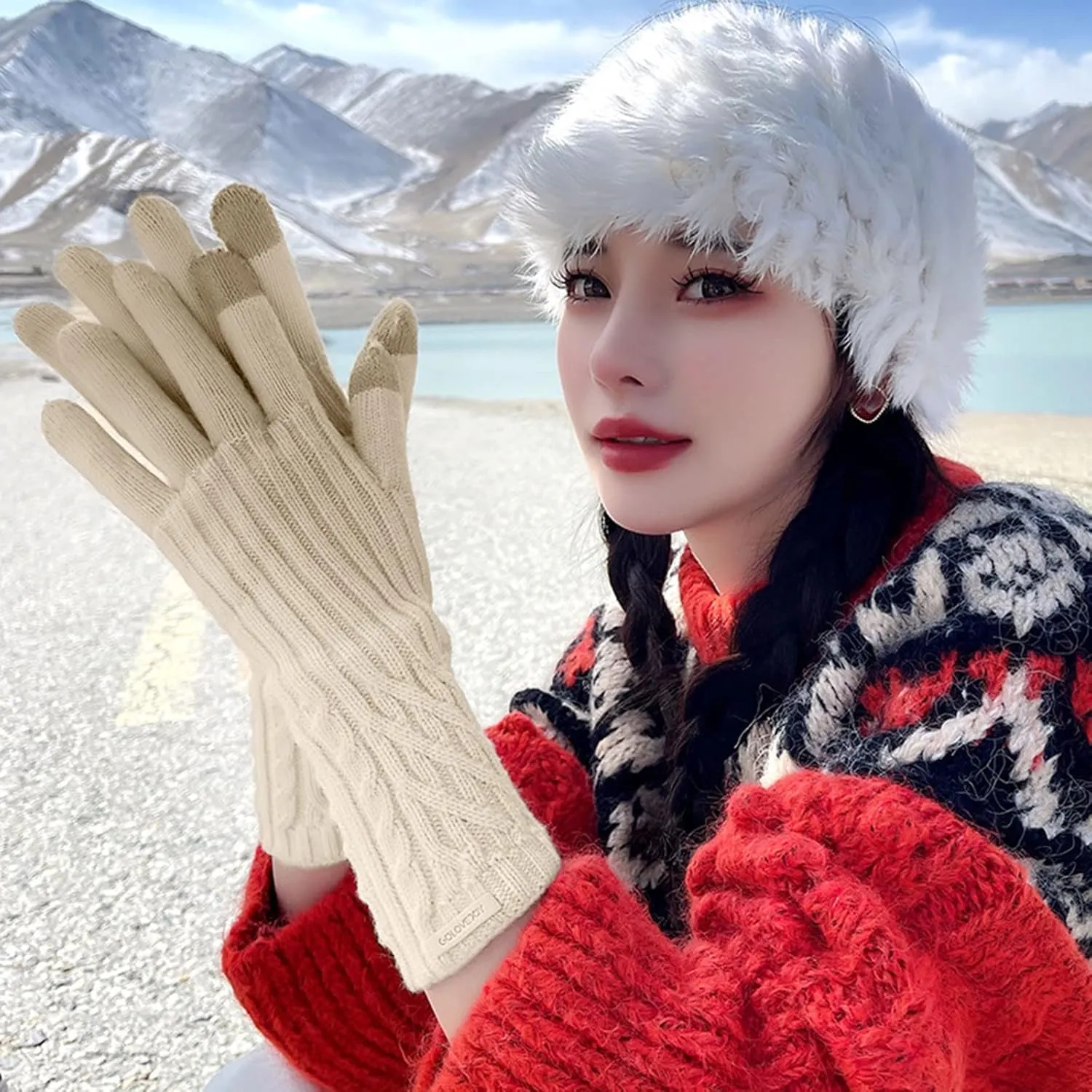 Soft Knit Hat Stretch Gloves Warmth Ladies Gloves Winter Soft Stretch Touchscreen Splash Snow Gloves Winter Glives