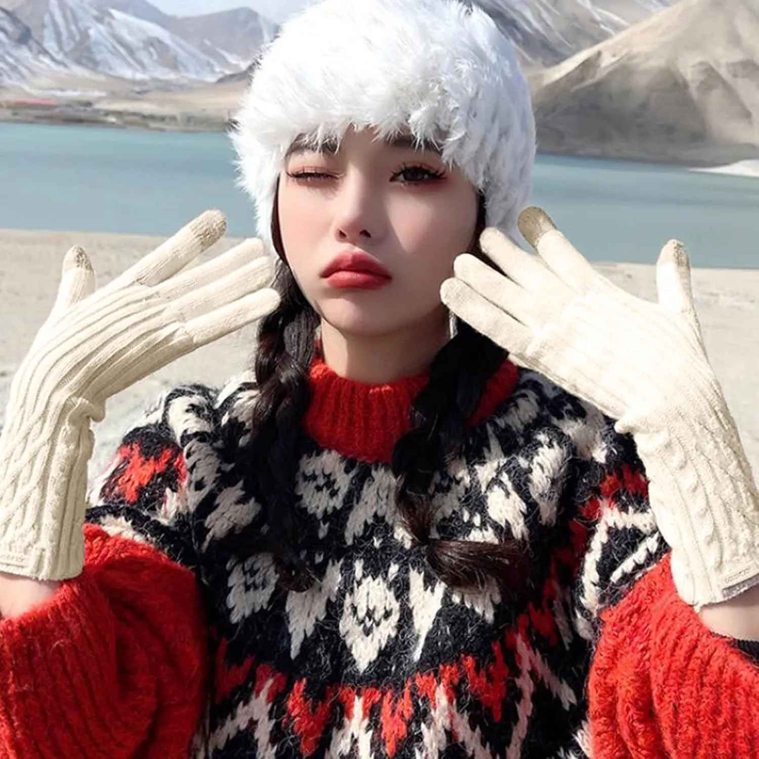 Soft Knit Hat Stretch Gloves Warmth Ladies Gloves Winter Soft Stretch Touchscreen Splash Snow Gloves Winter Glives
