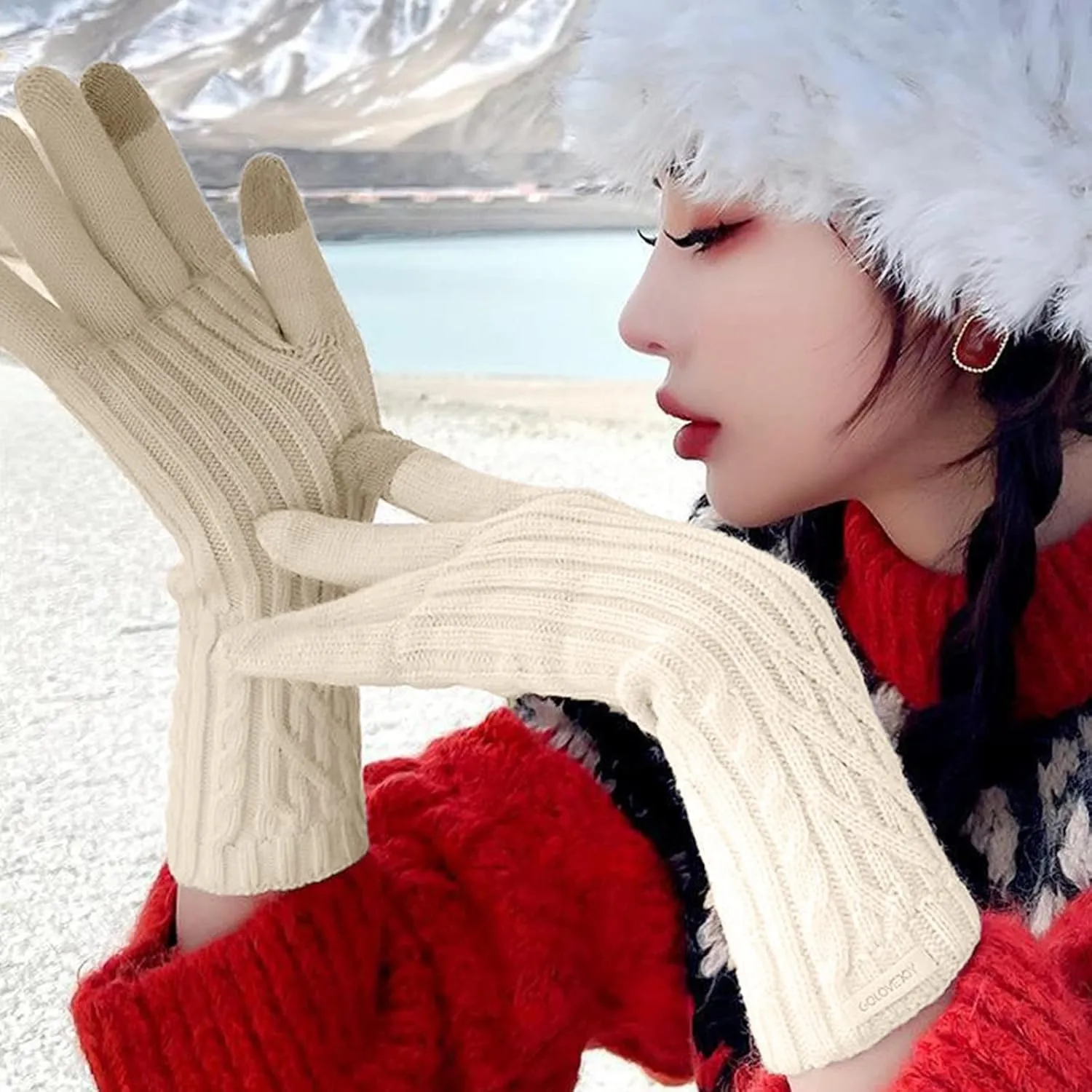 Soft Knit Hat Stretch Gloves Warmth Ladies Gloves Winter Soft Stretch Touchscreen Splash Snow Gloves Winter Glives