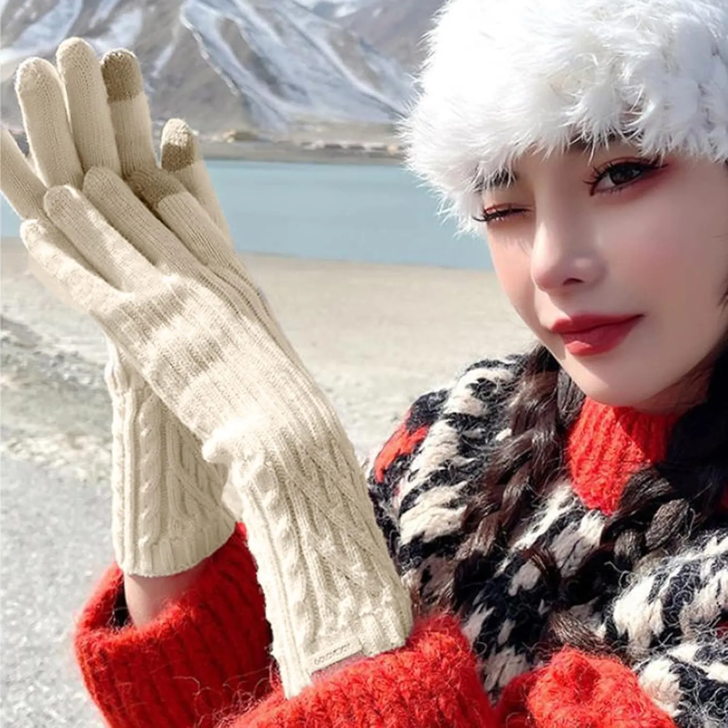 Soft Knit Hat Stretch Gloves Warmth Ladies Gloves Winter Soft Stretch Touchscreen Splash Snow Gloves Winter Glives