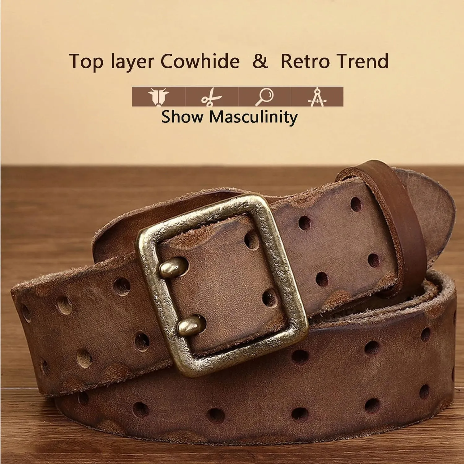Sress Belts High-end Belts Double Prong Genuine Full Grain Leather Belts for Men Casual Belts Casual Belts