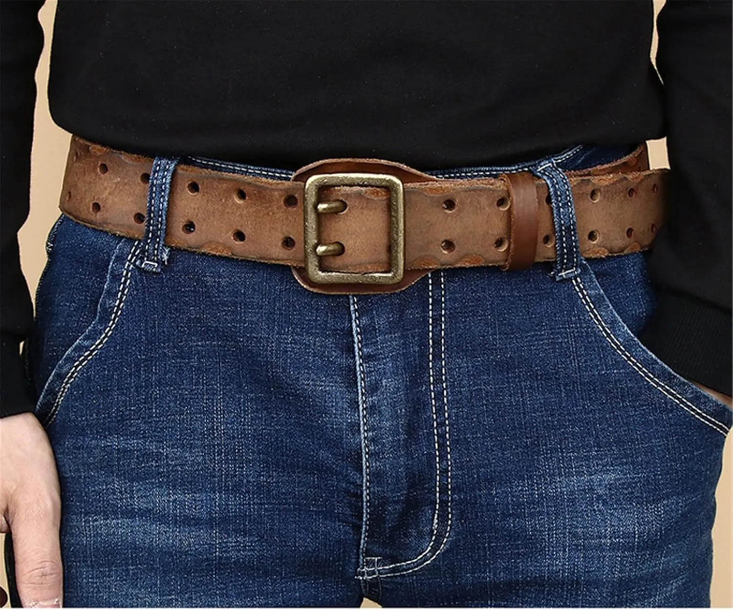 Sress Belts High-end Belts Double Prong Genuine Full Grain Leather Belts for Men Casual Belts Casual Belts