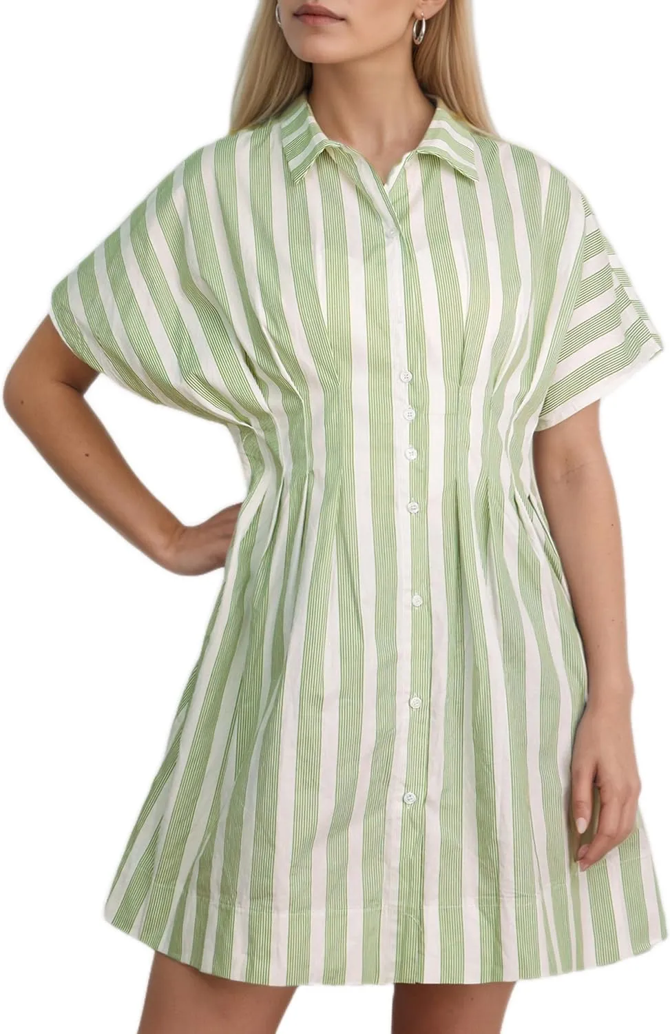 Striped Button Down Pleated Shirt Dress for Women