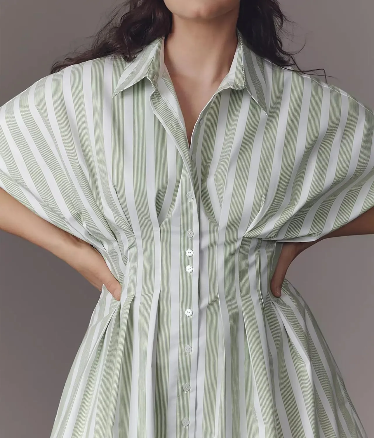 Striped Button Down Pleated Shirt Dress for Women