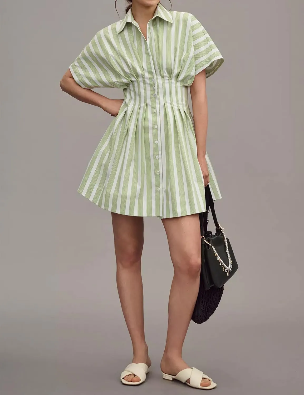 Striped Button Down Pleated Shirt Dress for Women