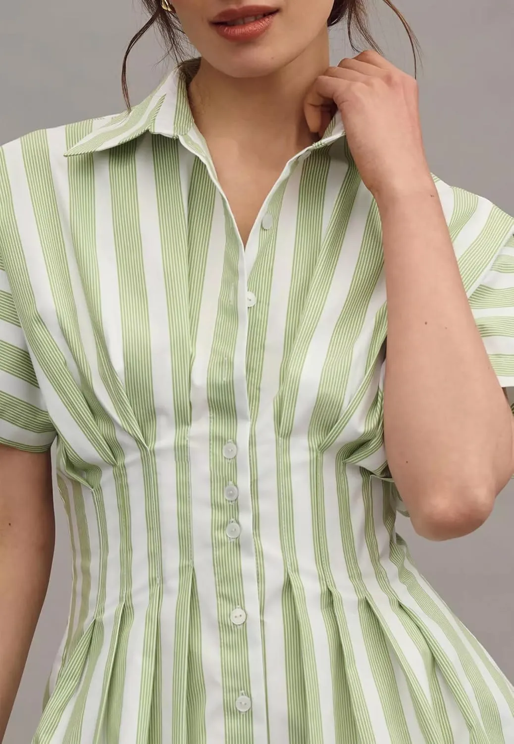 Striped Button Down Pleated Shirt Dress for Women