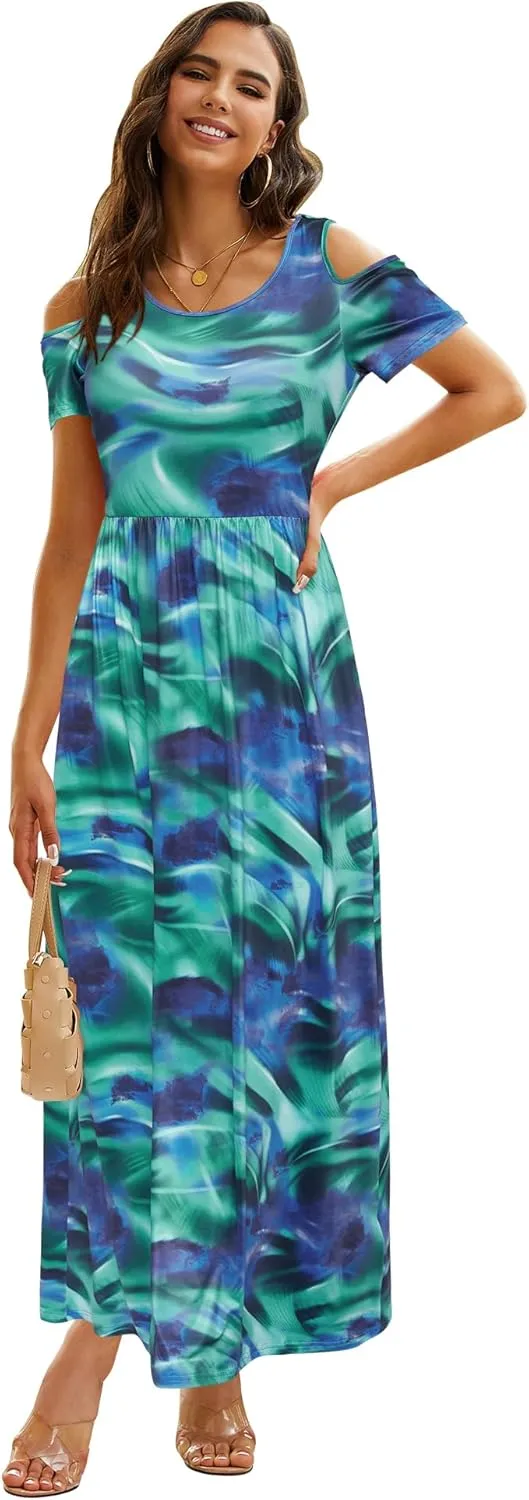 STYLEWORD Women's 2025 Summer Maxi Long Dresses Cold Shoulder Sundress with Pocket