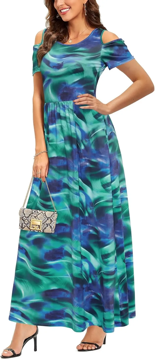 STYLEWORD Women's 2025 Summer Maxi Long Dresses Cold Shoulder Sundress with Pocket