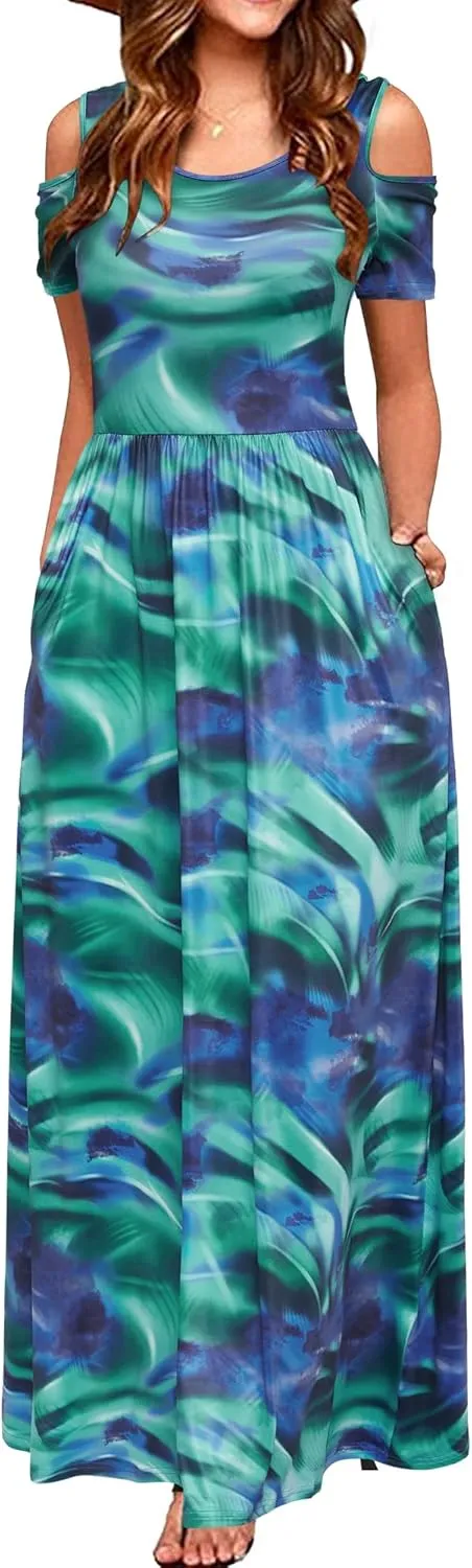 STYLEWORD Women's 2025 Summer Maxi Long Dresses Cold Shoulder Sundress with Pocket