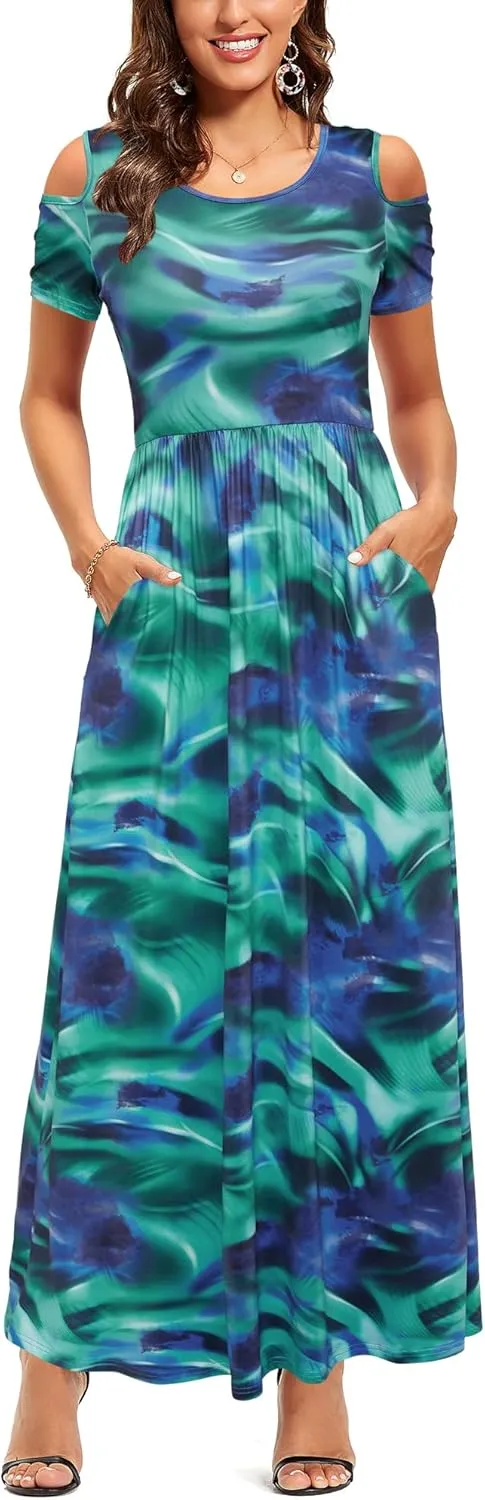 STYLEWORD Women's 2025 Summer Maxi Long Dresses Cold Shoulder Sundress with Pocket