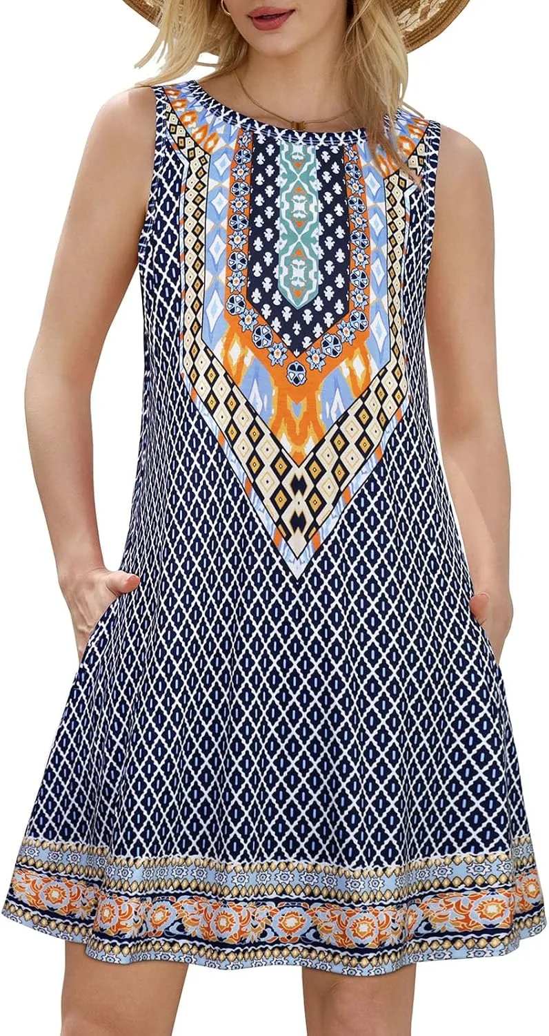 Summer Dresses for Women Beach Boho Sleeveless Vintage Floral Flowy Pocket Tshirt Tank Sundresses