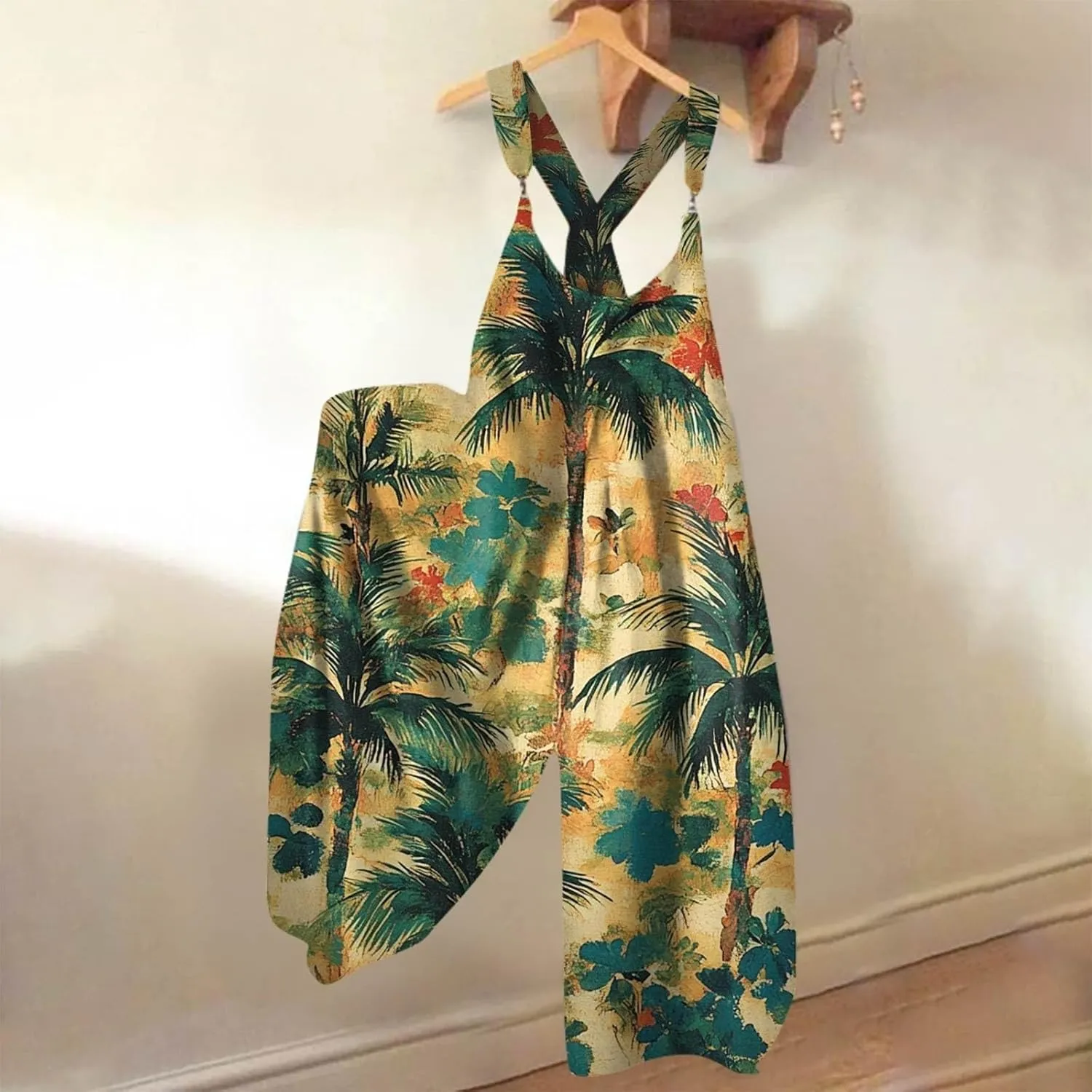 Summer Overalls for Women 2025 Casual Wide Leg Baggy Jumpsuits Spaghetti Strap Boho Floral Printed Loose Fit Rompers