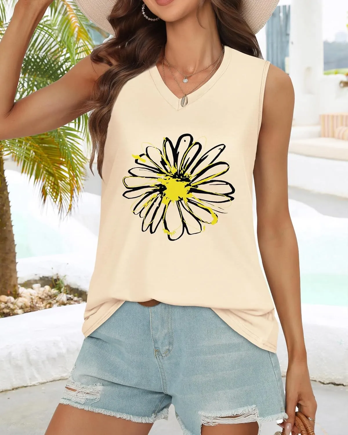 Summer Tops for Women Sleeveless V Neck Tshirt Loose Fit Casual Tank Tunic Blouse