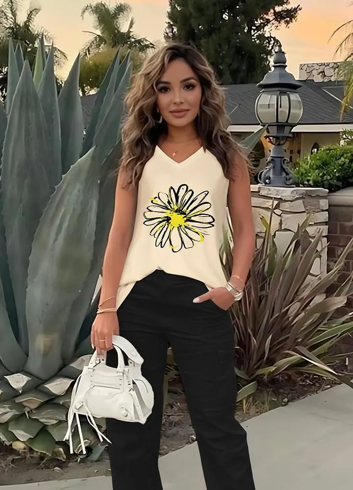 Summer Tops for Women Sleeveless V Neck Tshirt Loose Fit Casual Tank Tunic Blouse