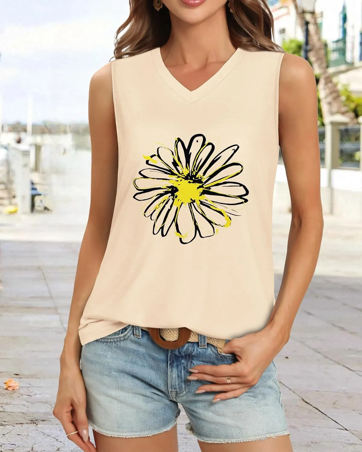 Summer Tops for Women Sleeveless V Neck Tshirt Loose Fit Casual Tank Tunic Blouse