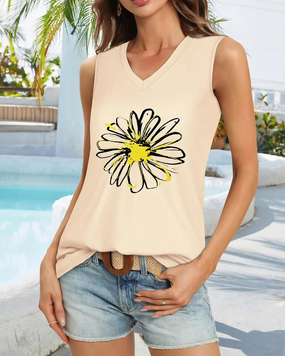 Summer Tops for Women Sleeveless V Neck Tshirt Loose Fit Casual Tank Tunic Blouse