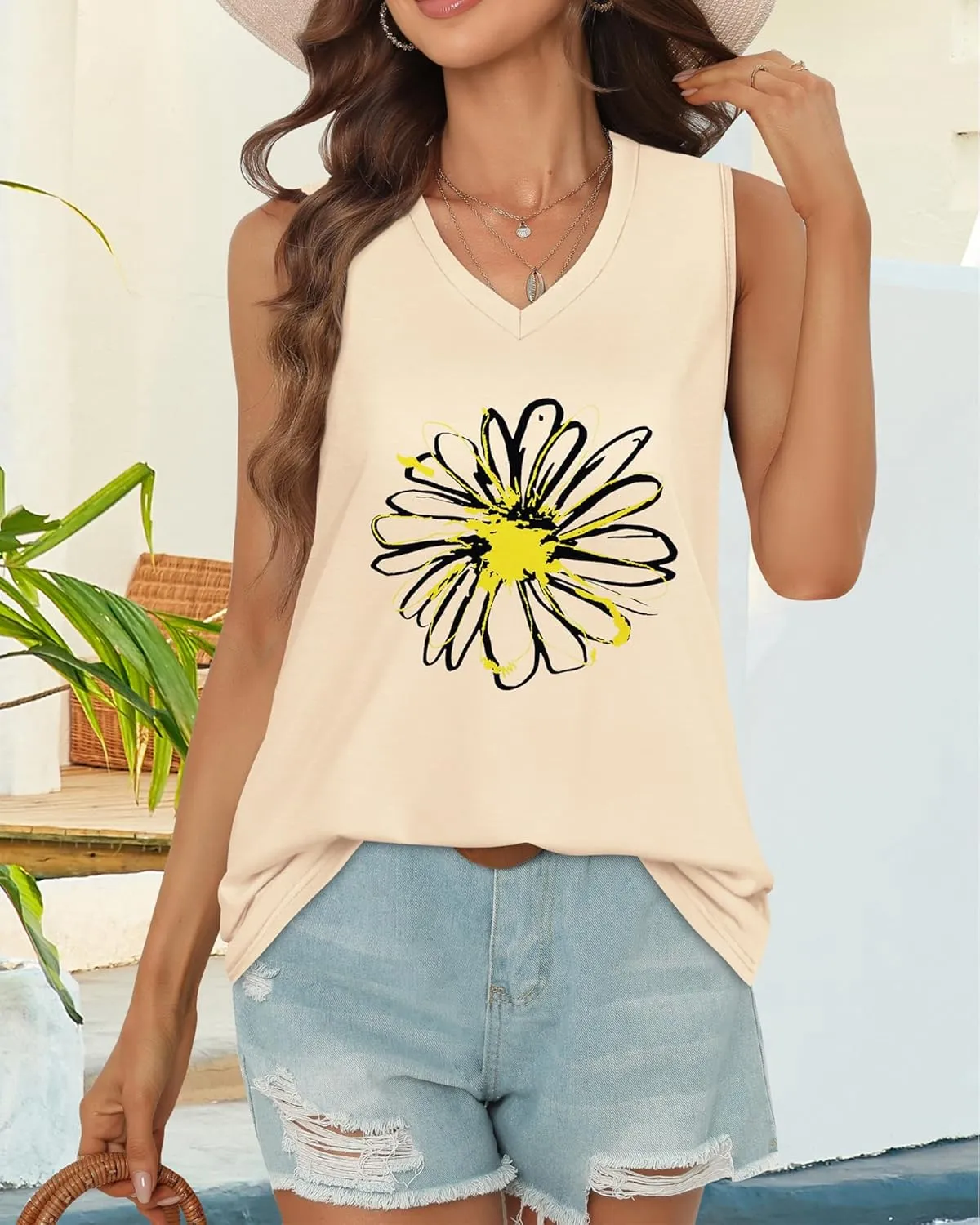 Summer Tops for Women Sleeveless V Neck Tshirt Loose Fit Casual Tank Tunic Blouse